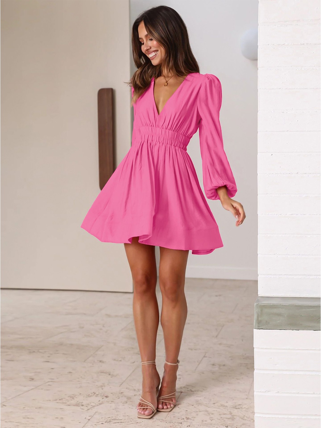 

HERE&NOW Women V-Neck Fit and Flare Dress, Pink