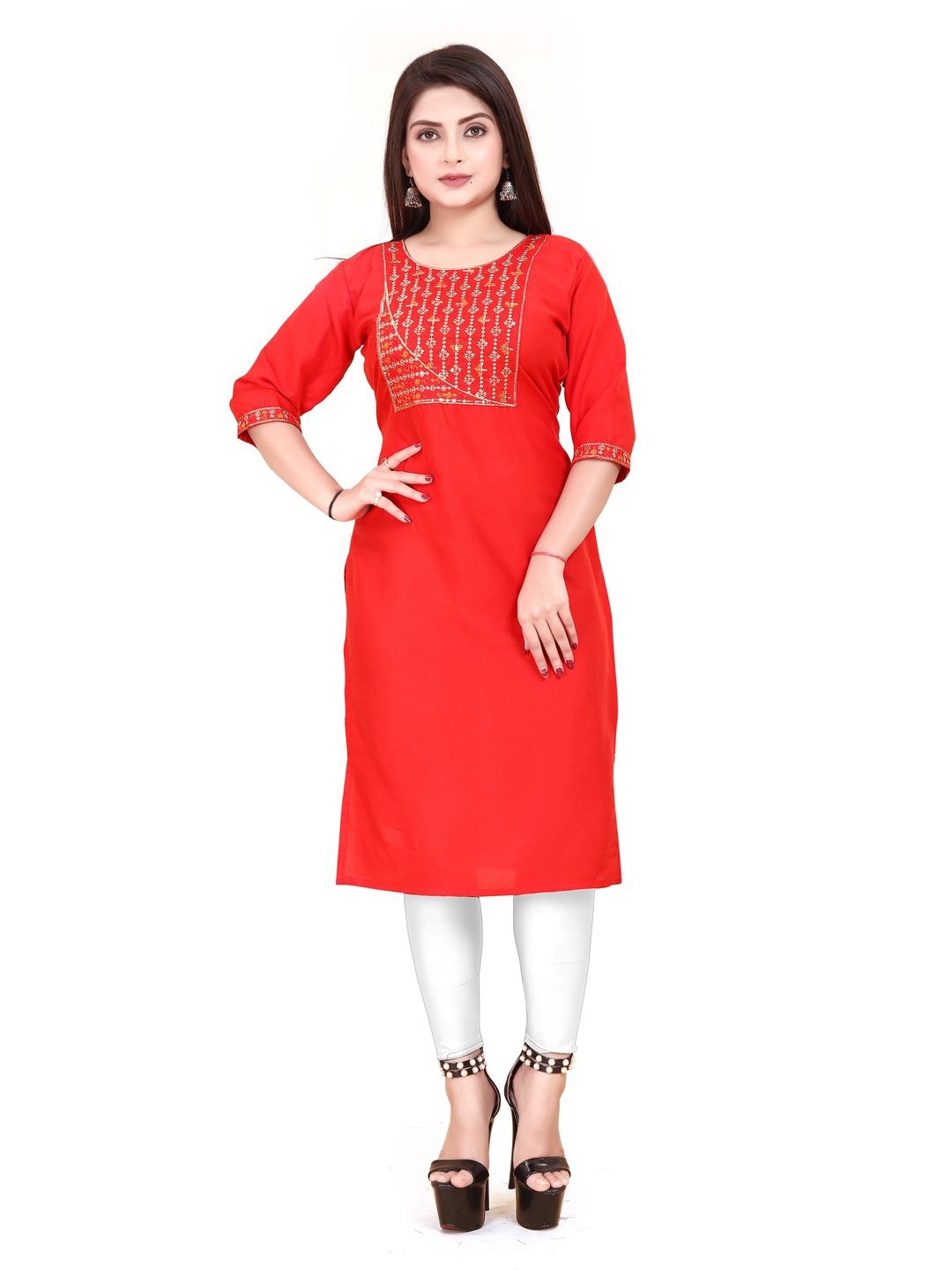 

AKK ENTERPRISE Yoke Design Straight Kurti, Red