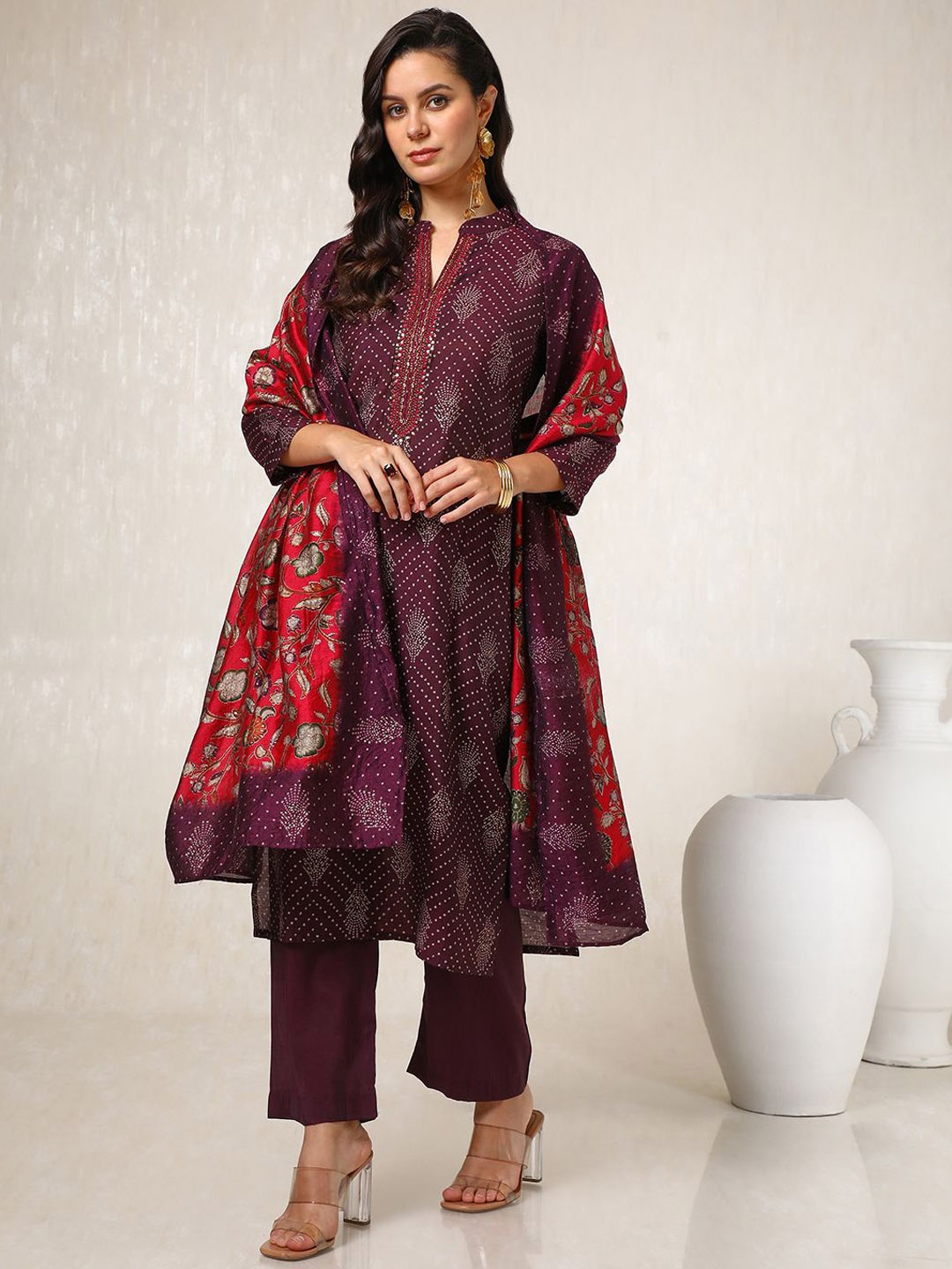 

Soch Women Bandhani Printed Regular Thread Work Straight Kurta With Trouser With Dupatta, Purple