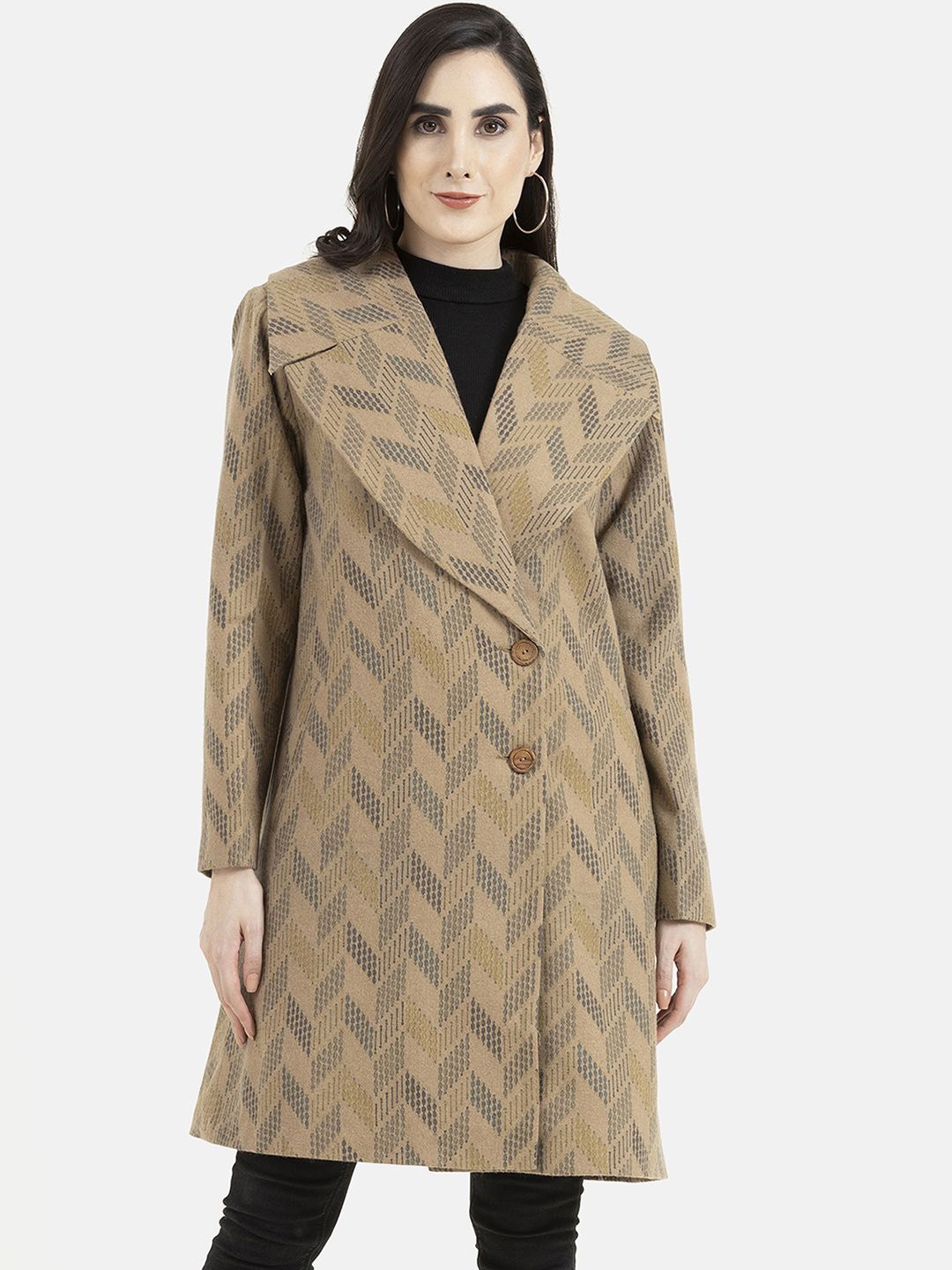 

Owncraft Women Self Design Notched Lapel Collar Woolen Trench Coat, Camel brown