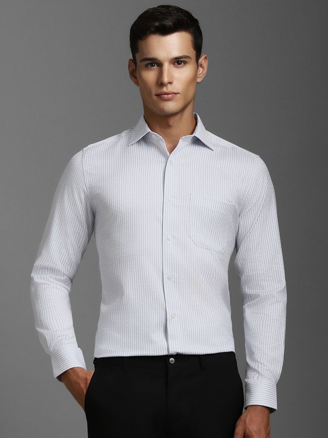 

Louis Philippe Men Classic Spread Collar Vertical Striped Cotton Formal Shirt, White