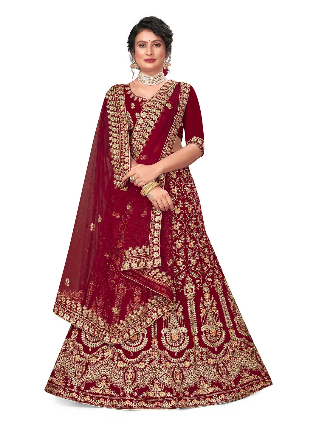

Maroosh Embellished Thread Work Unstitched Lehenga & Blouse With Dupatta, Maroon