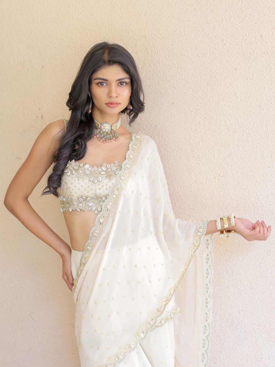 

Foram Patel Beads and Stones Pure Georgette Lehenga Saree, Cream