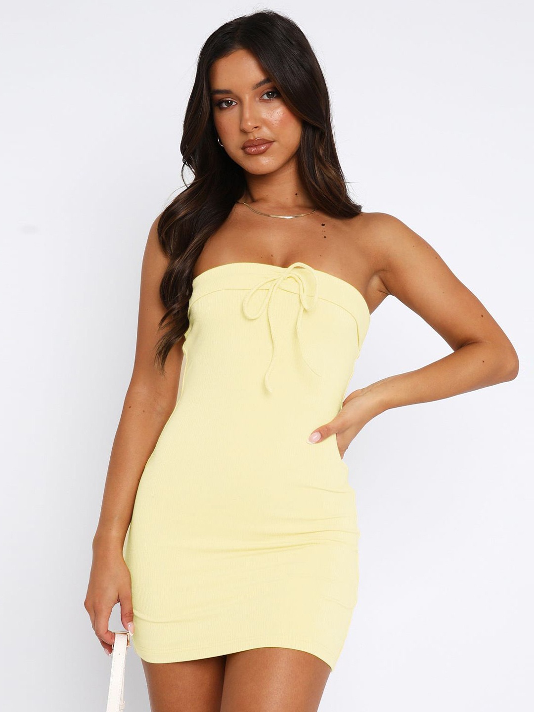 

HERE&NOW Women Off-Shoulder Sleeveless Bodycon Dress, Yellow