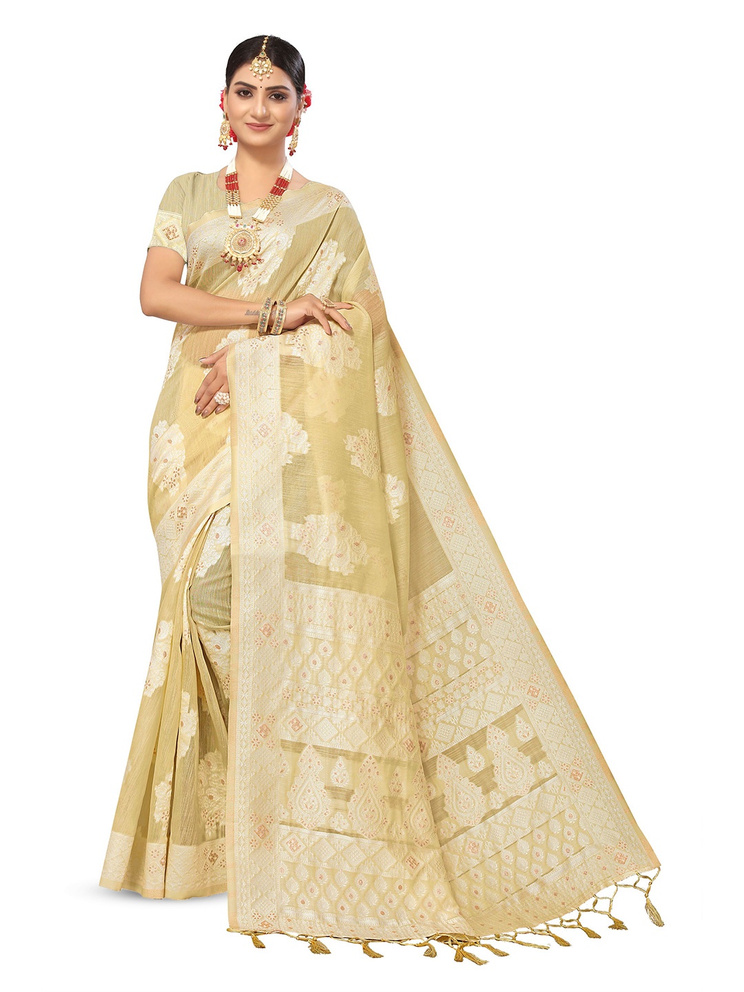 

Maroosh Ethnic Motifs Woven Design Zari Saree, Beige