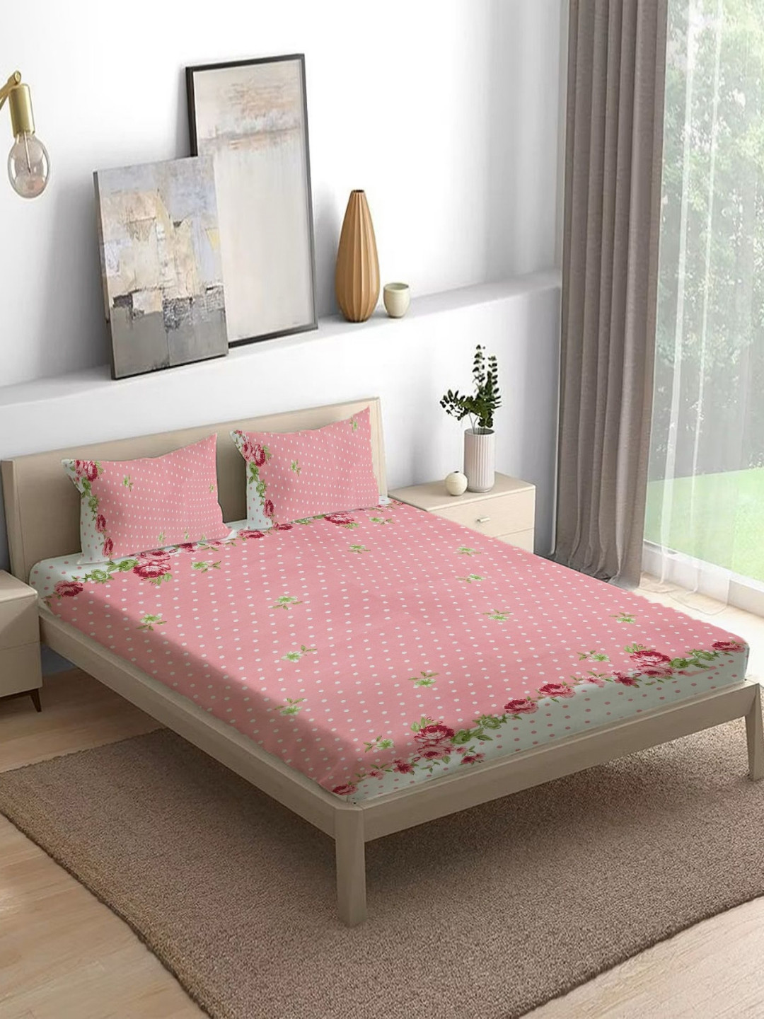 

THE little BIG STORE Pink Floral Printed Cotton 300 TC Queen Bedsheet Set 1.98m x 1.82m
