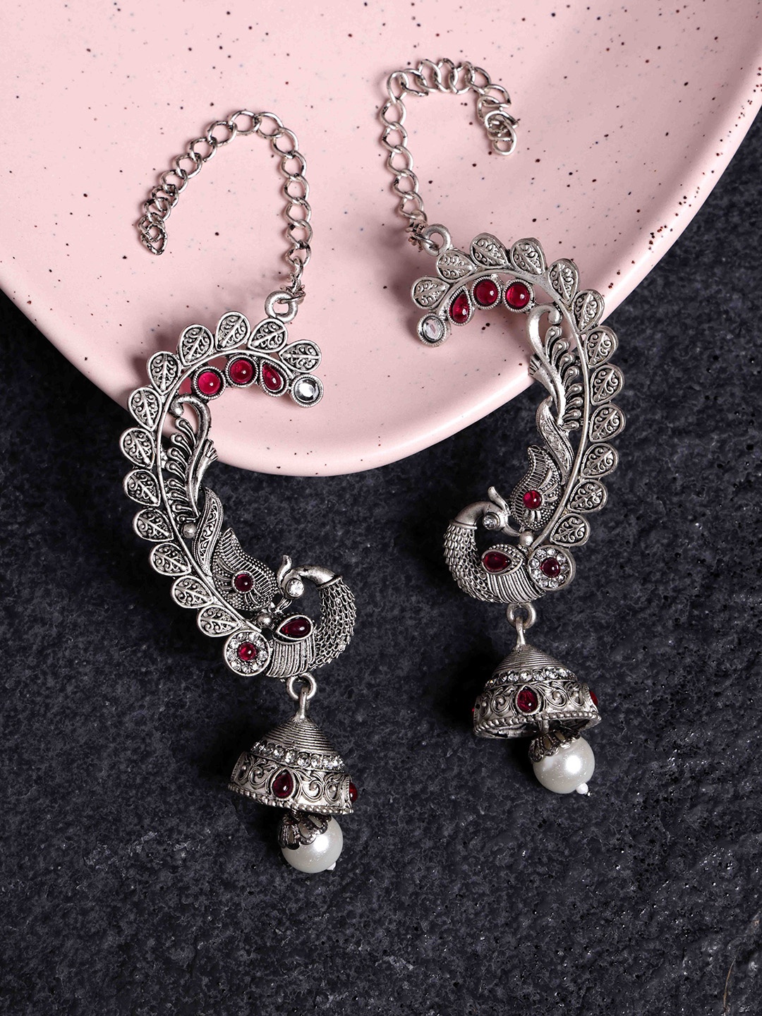 

PANASH Silver Plated Kundan Studded Peacock Shaped Ear Cuffs Jhumka Earrings