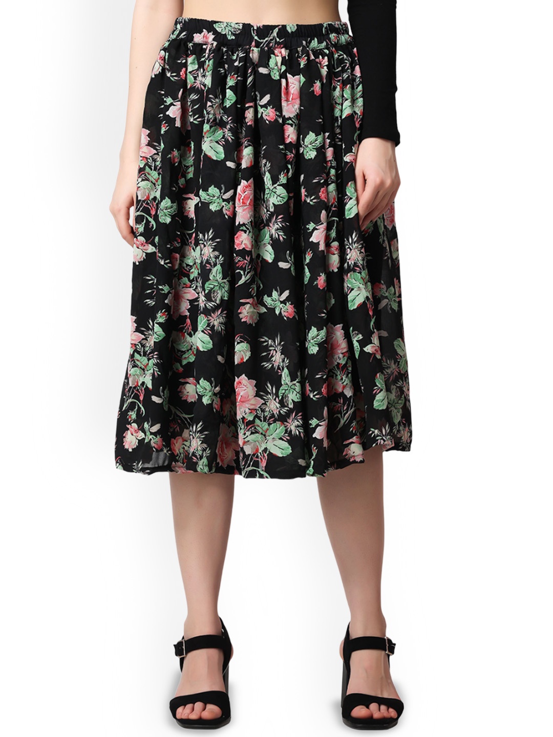 

SCORPIUS Women Floral Printed Flared Skirt, Black