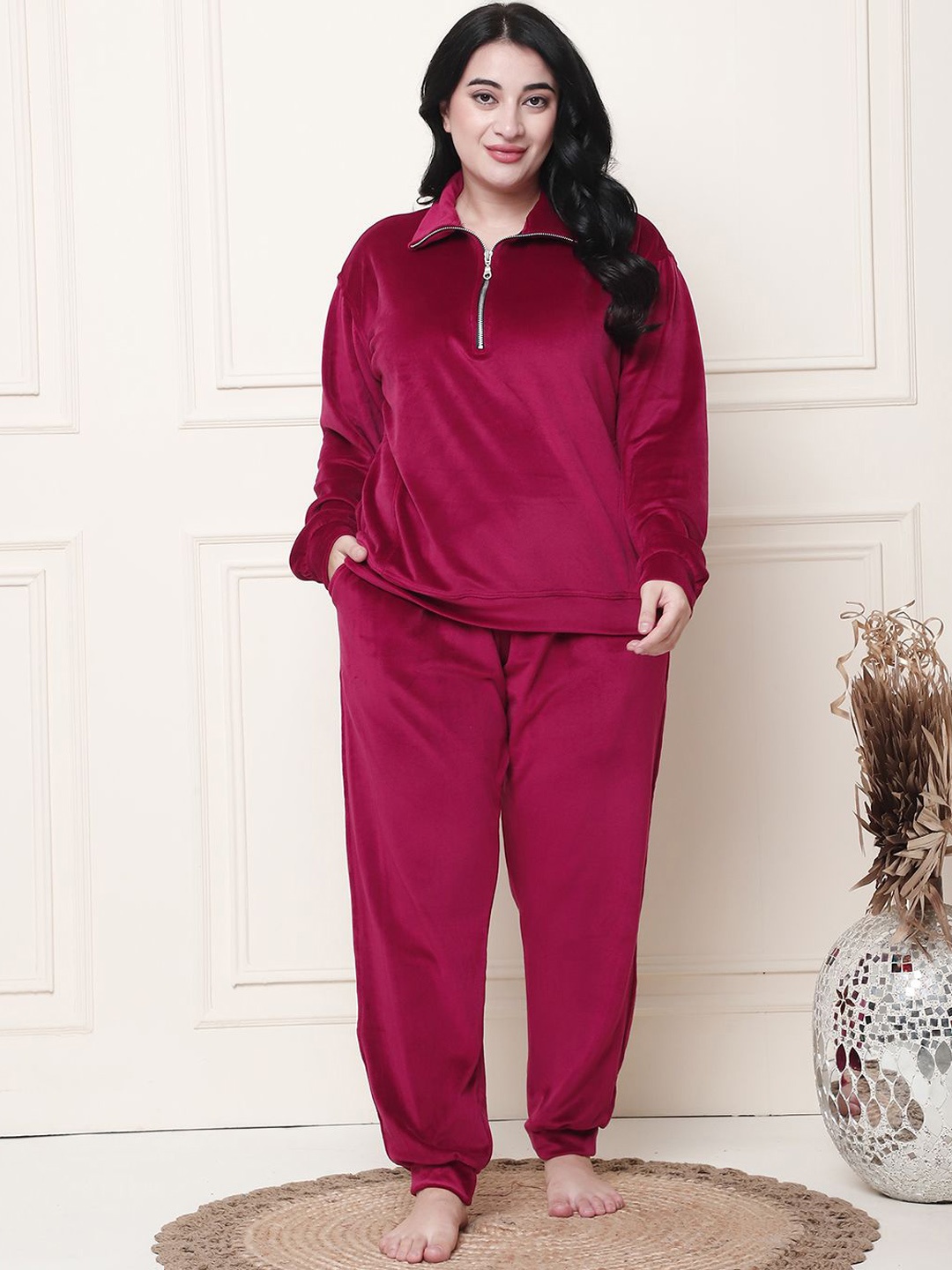 

TAG 7 Pluse Size Women Shirt Collar Long Sleeves Night suit, Maroon