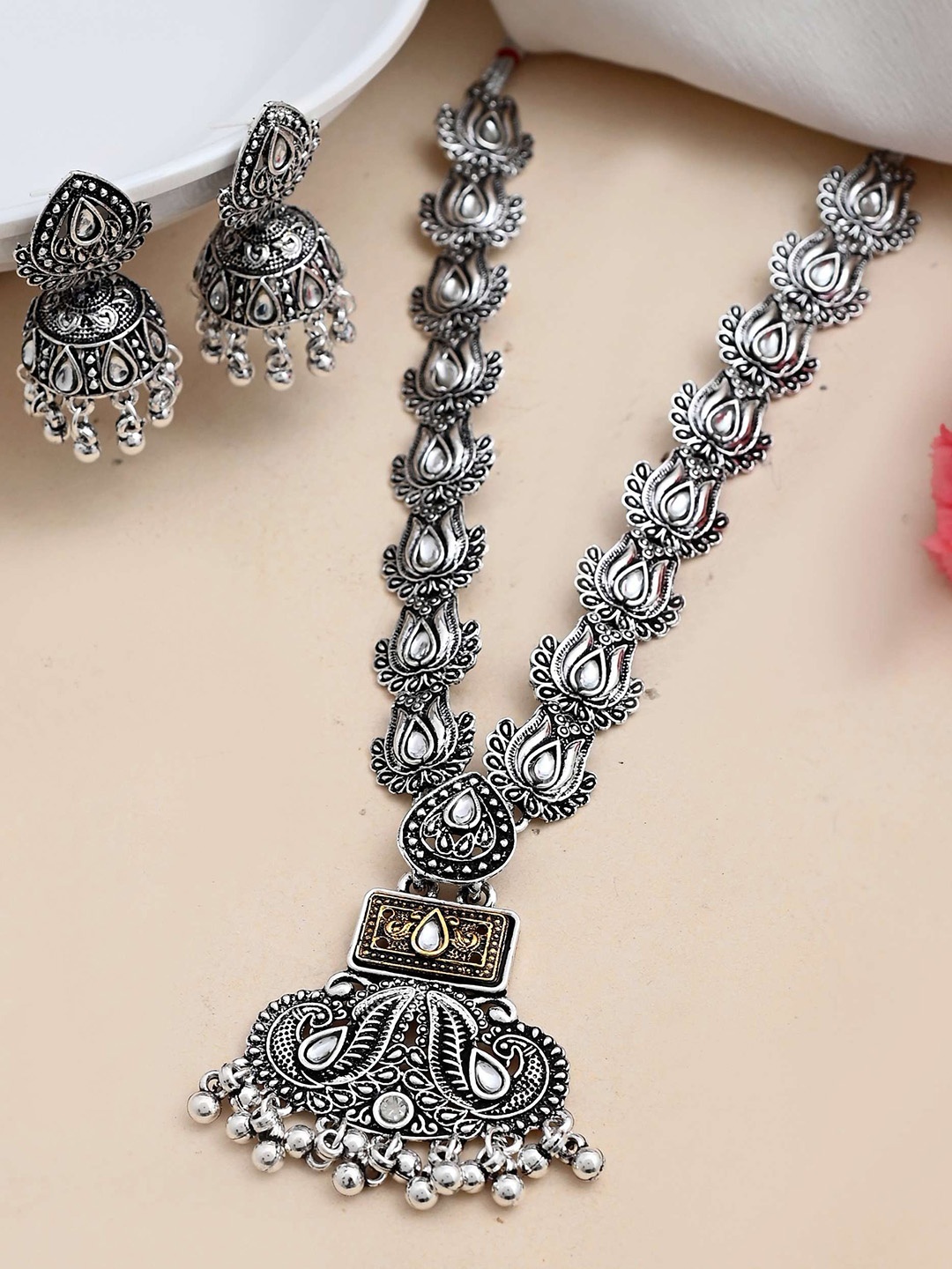 

VOJ Silver-Plated Stainless Steel Stone Studded Oxidized Necklace With Earrings