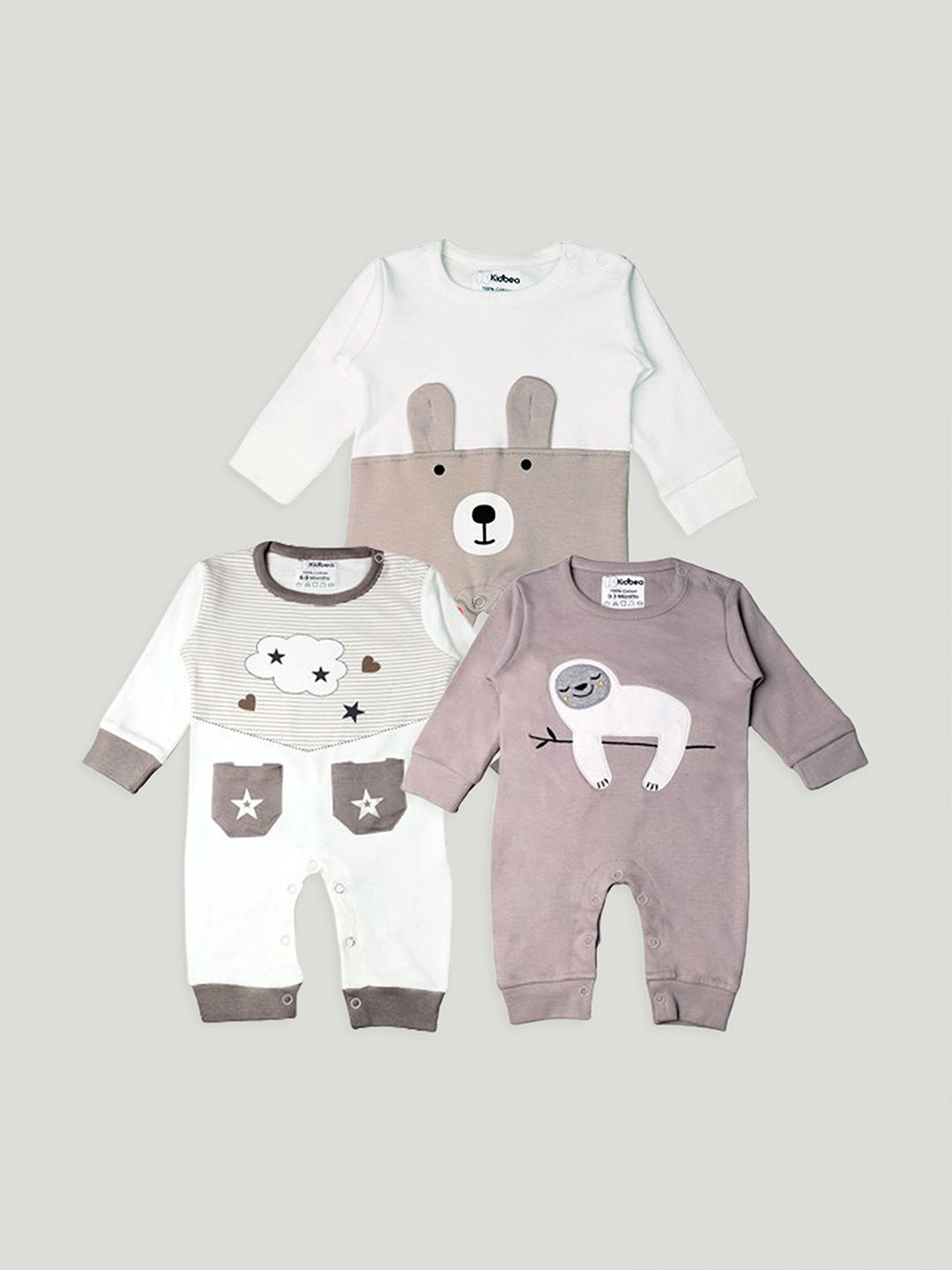 

Kidbea Infants Unisex Pack Of 3 Printed Organic Cotton Rompers, Brown
