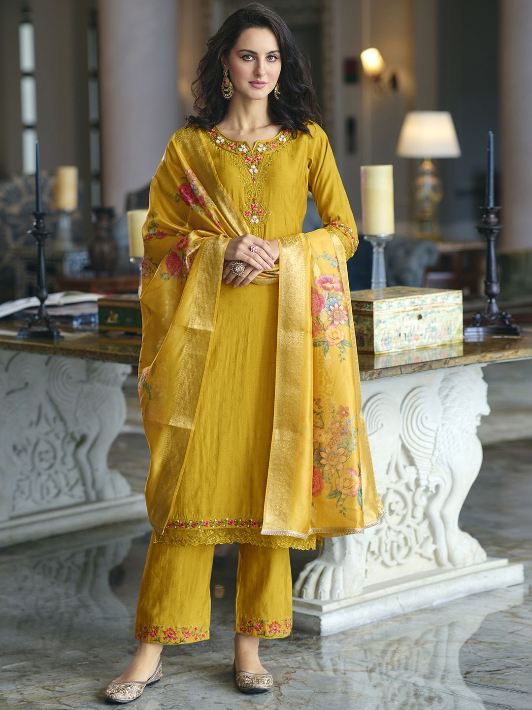 

MOJILAA Women Floral Embroidered Beads and Stones Kurta with Palazzos & With Dupatta, Mustard