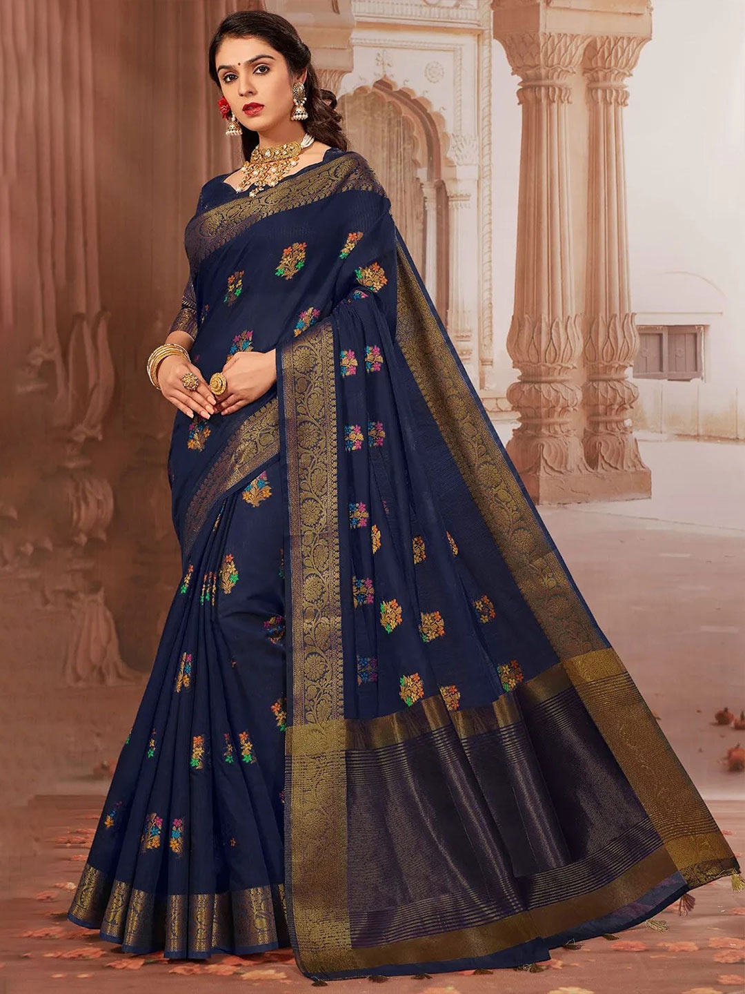 

MAHALASA Ethnic Motifs Zari Pure Cotton Banarasi Saree, Navy blue