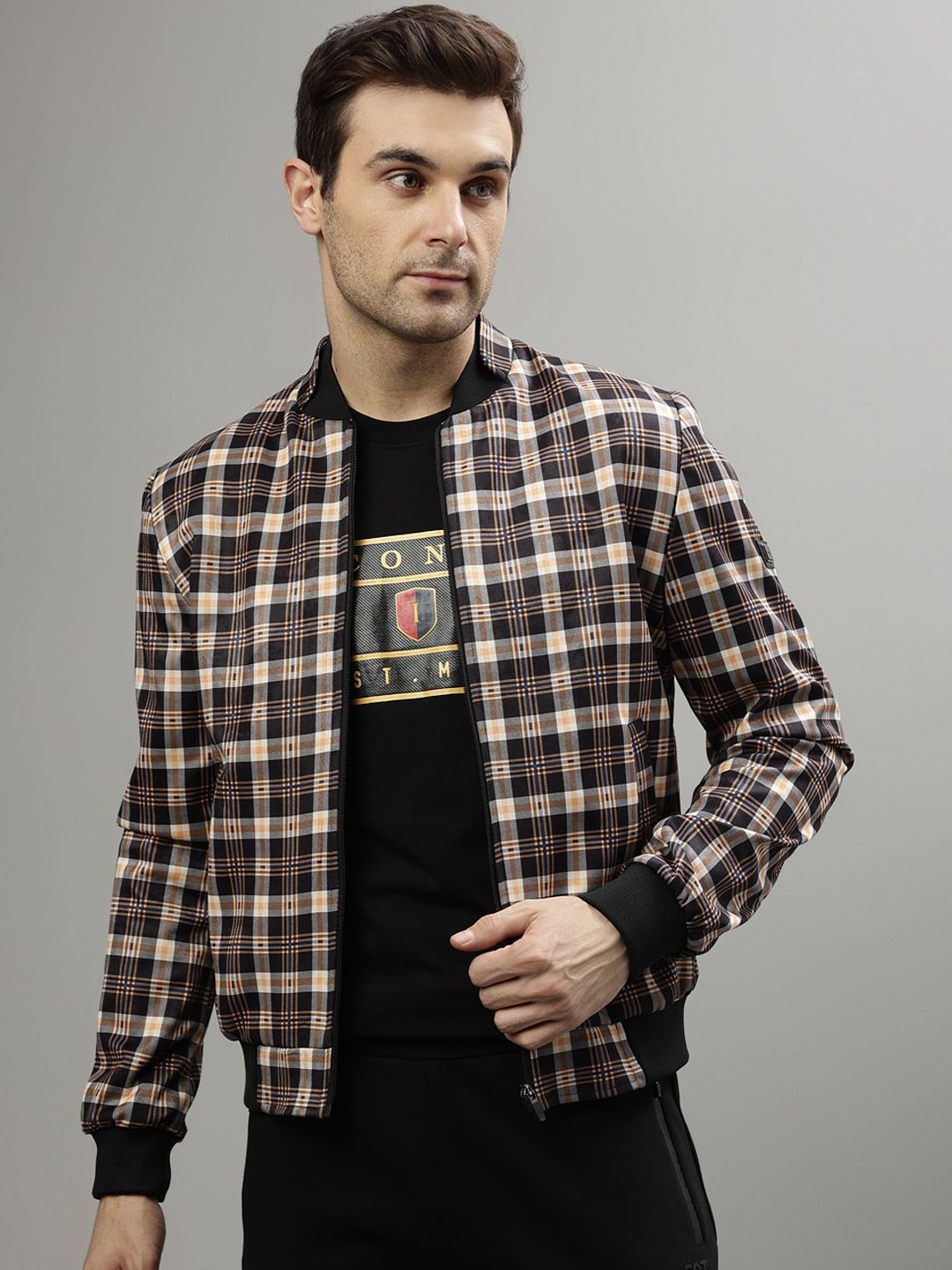 

Iconic Men Checked Crop Bomber with Patchwork Jacket, Black