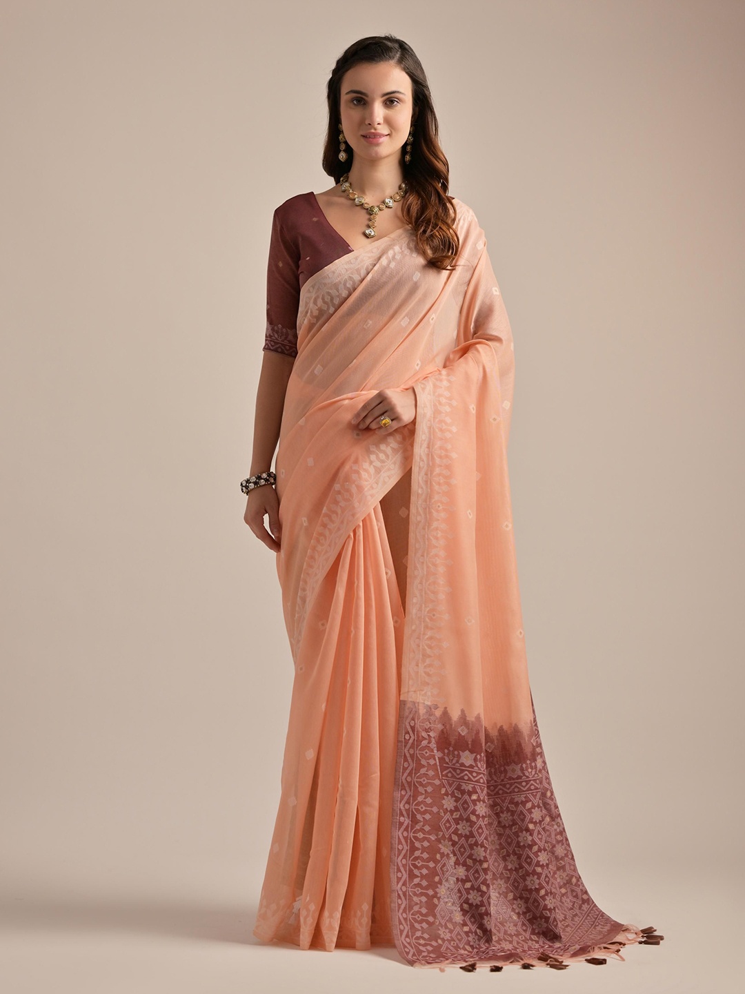

Kandora Ethnic Motifs Pure Cotton Saree, Peach