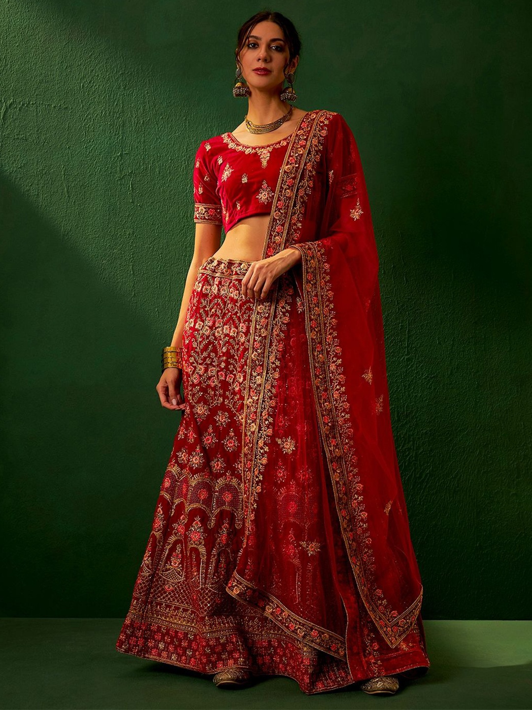 

Maroosh Embellished Thread Work Unstitched Lehenga & Blouse With Dupatta, Red