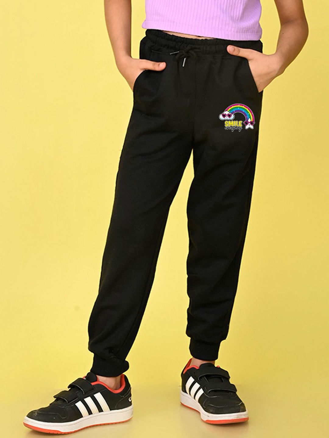 

NUSYL Girls Smile Typography Printed Full Length Joggers, Black
