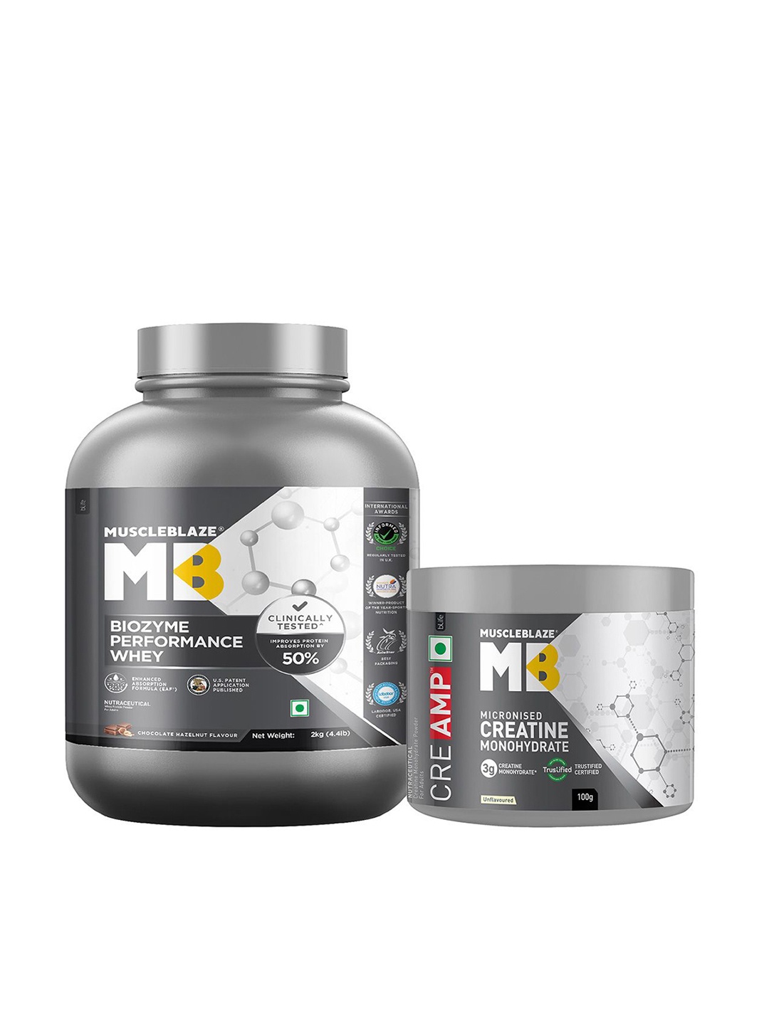 

MuscleBlaze Set Of 2 Biozyme Performance Whey Protein - 2 kg & Creatine Monohydrate - 100g, Brown