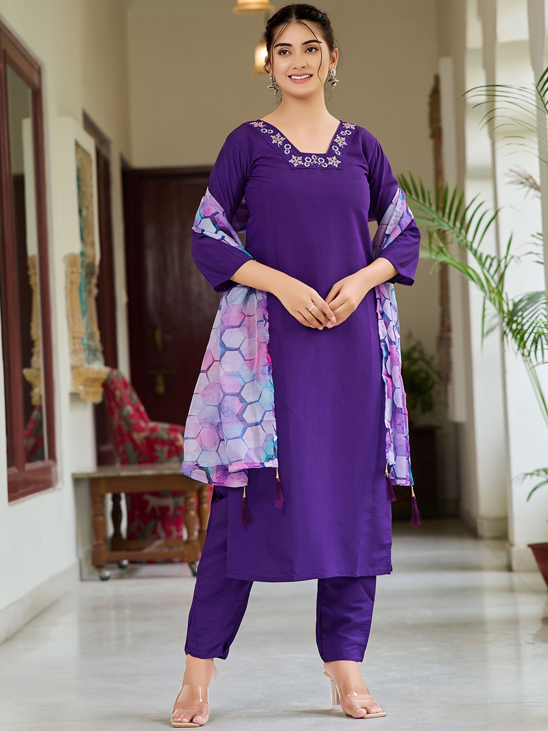 

KALINI Women Regular Thread Work Kurta with Trousers & With Dupatta Set, Purple