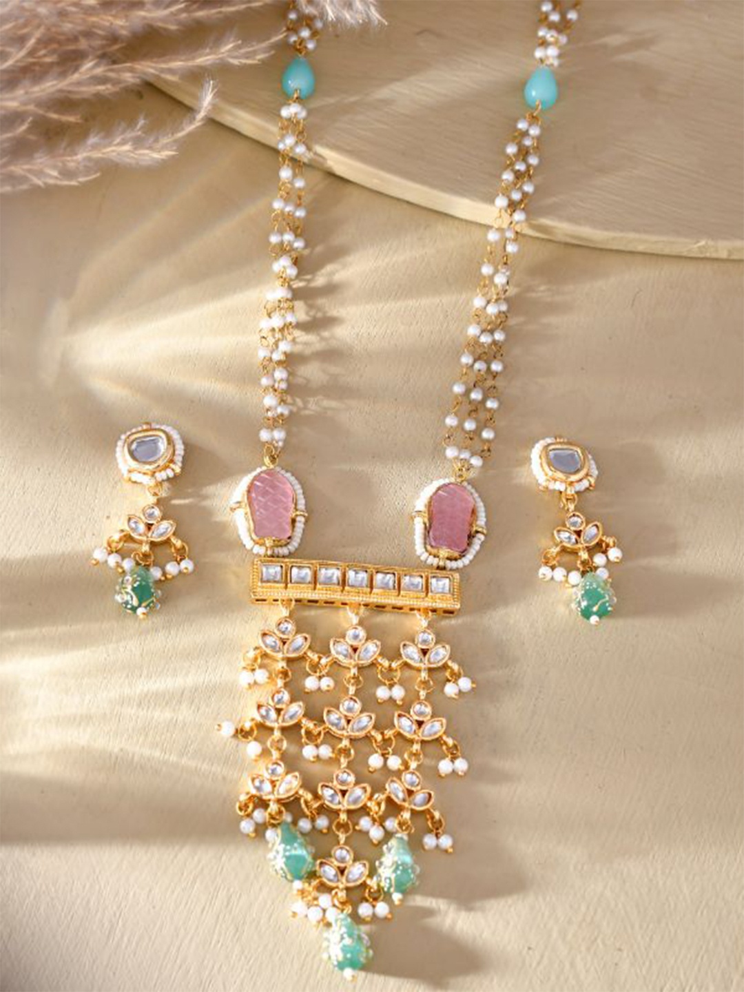 

DASTOOR Brass-Plated Stone-Studded & Beaded Necklace and Earrings, White