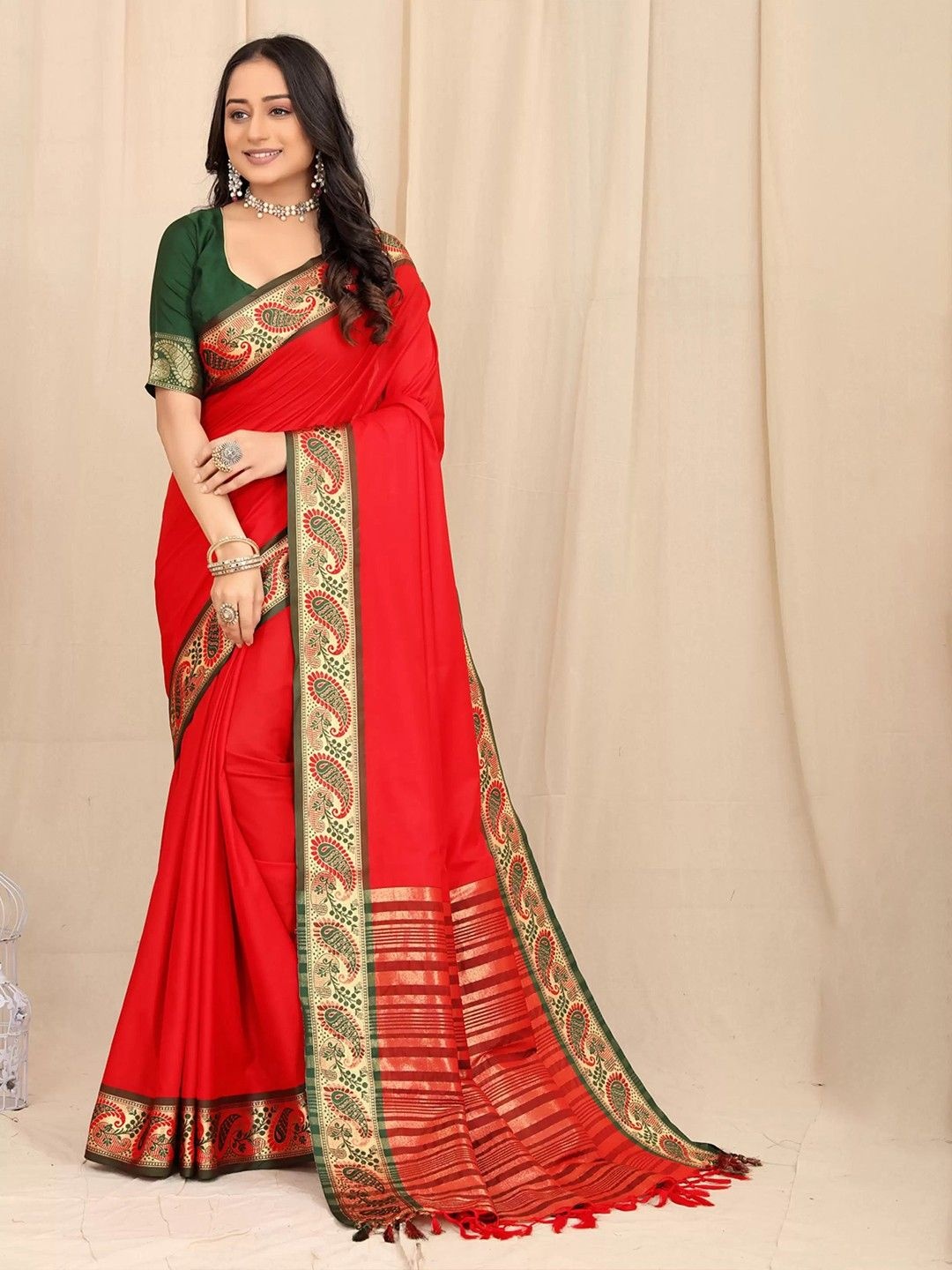 

LADY SHOPI Woven Design Zari Saree With Blouse Piece, Red