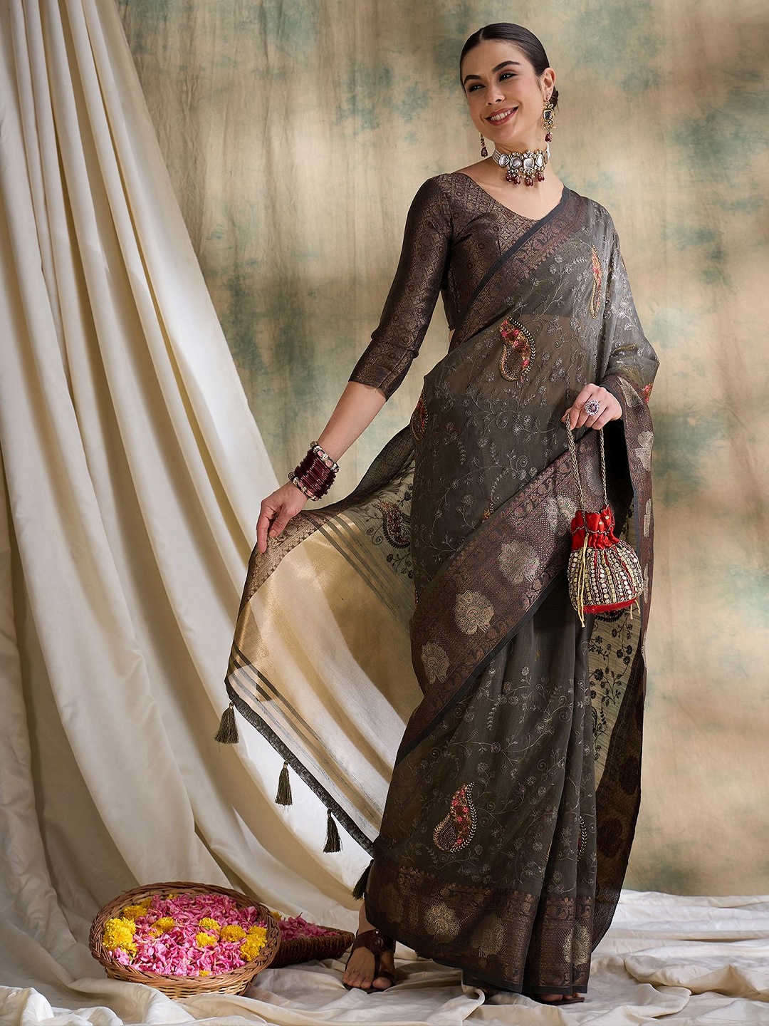 

Sangria Floral Embroidered Saree With Blouse Piece, Coffee brown