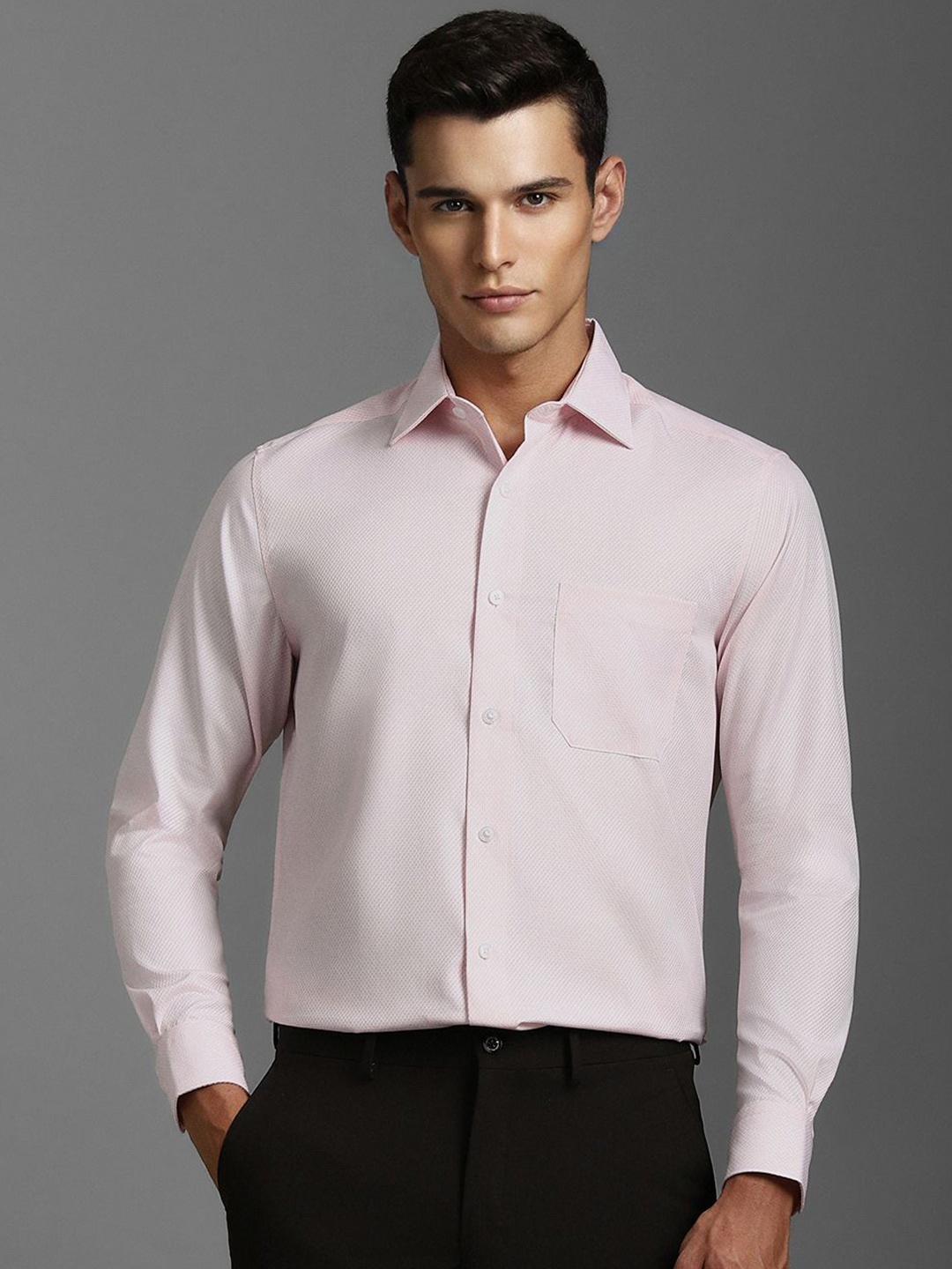 

Louis Philippe Men Classic Spread Collar Textured Cotton Formal Shirt, Pink