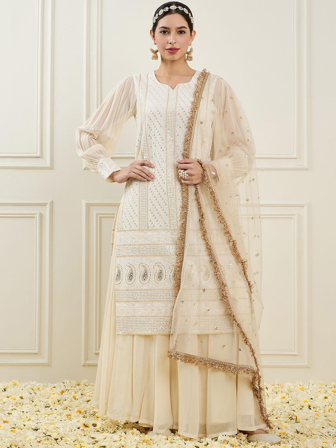 

ADORNIA Women Floral Embroidered Regular Thread Work Kurta with Palazzos & With Dupatta, White
