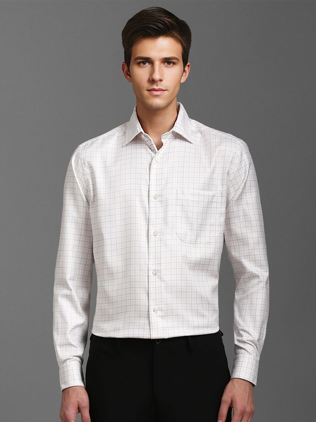 

Louis Philippe Men Classic Spread Collar Checked Cotton Formal Shirt, White