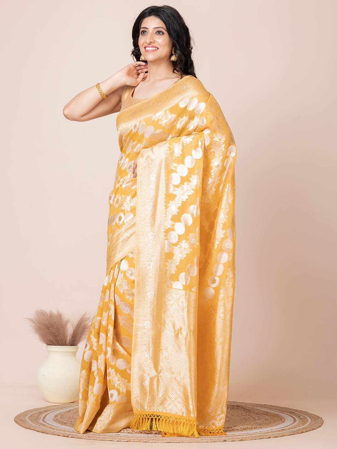 

HOUSE OF ARLI Ethnic Motifs Zari Woven Design Organza Banarasi Saree, Yellow