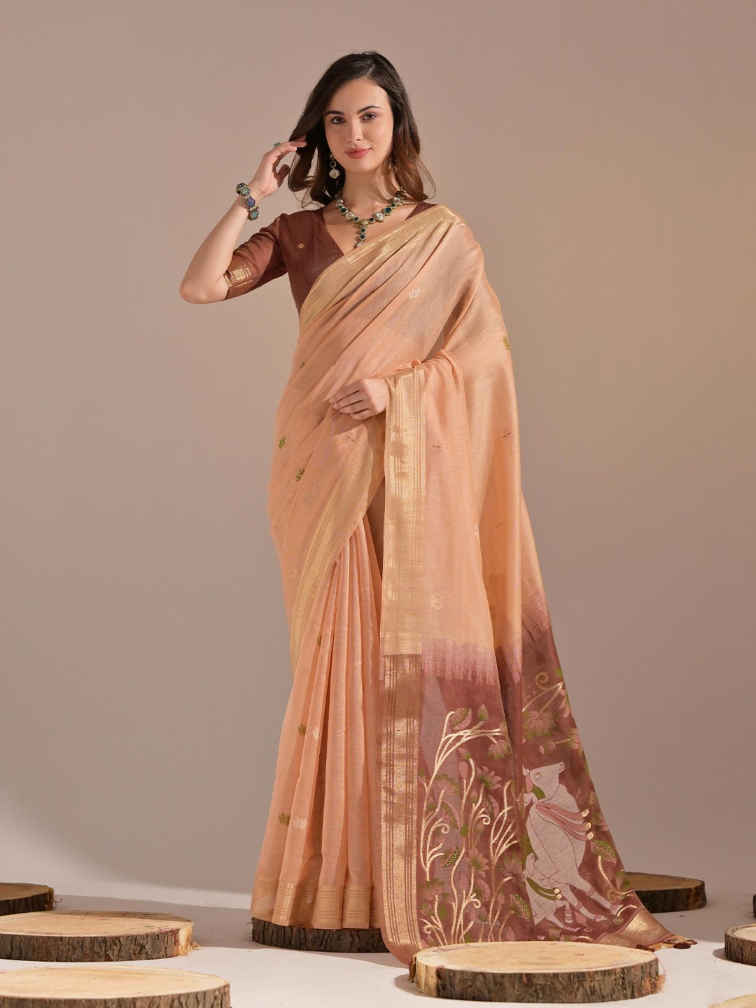 

Kandora Woven Design Zari Pure Cotton Saree, Brown