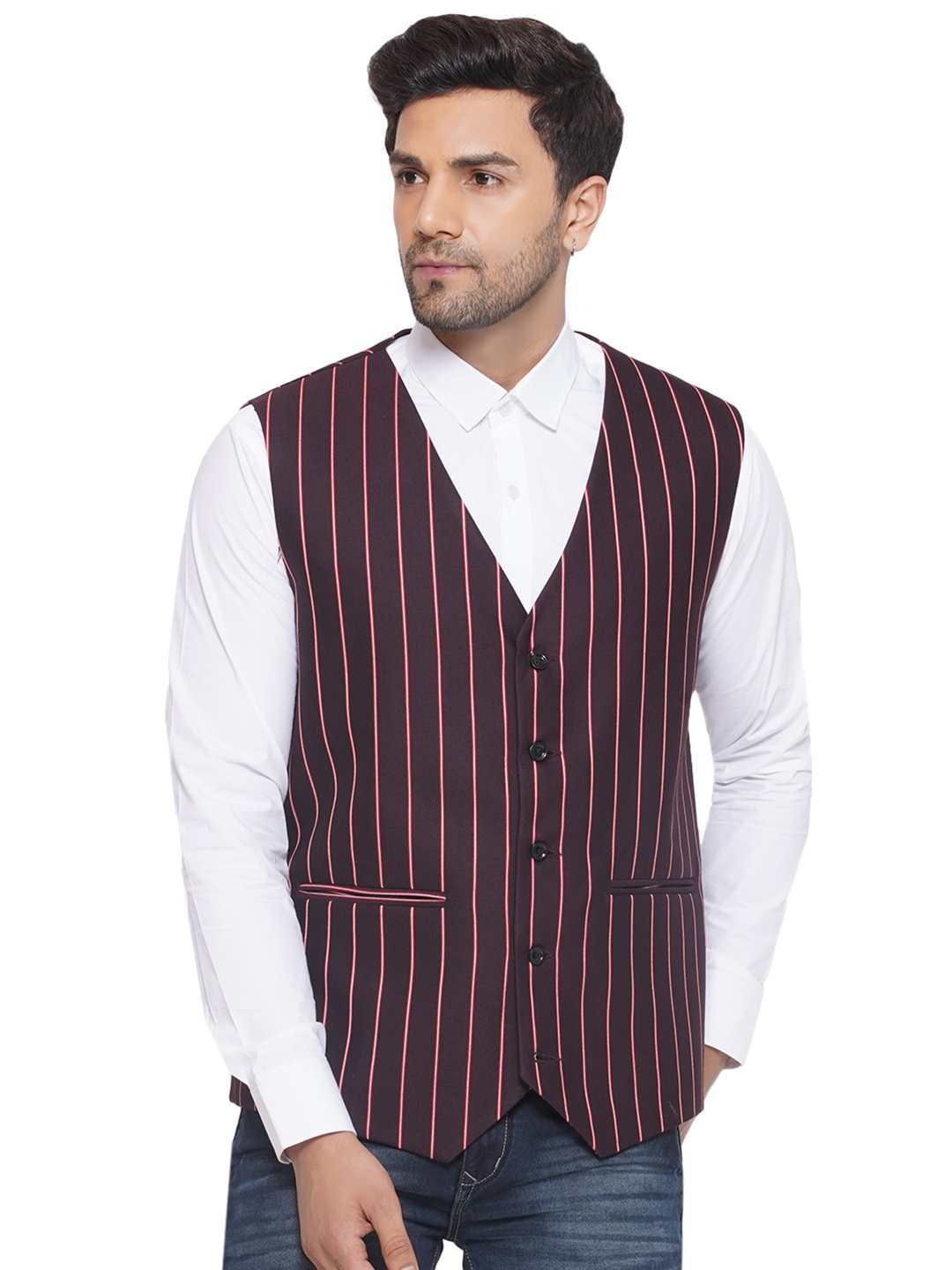 

VEERA PARIDHAAN Striped Woven Waistcoat, Maroon