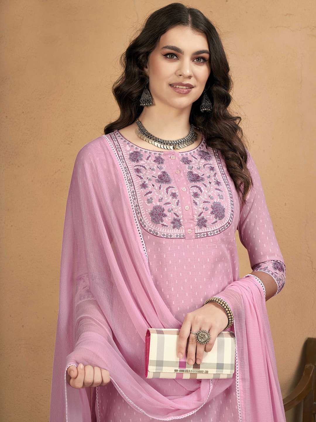 

Anouk Pink Embroidered Thread Work Pure Cotton Kurta with Trouser & Dupatta