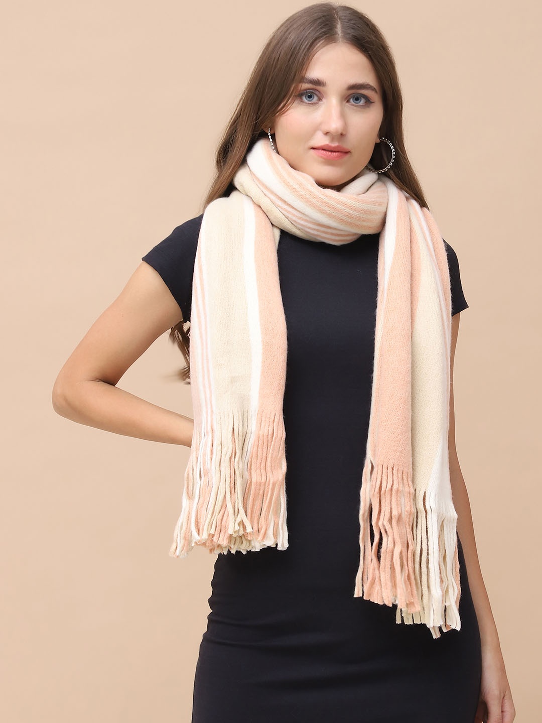 

ELLIS Women Striped Acrylic Mufflers, Peach