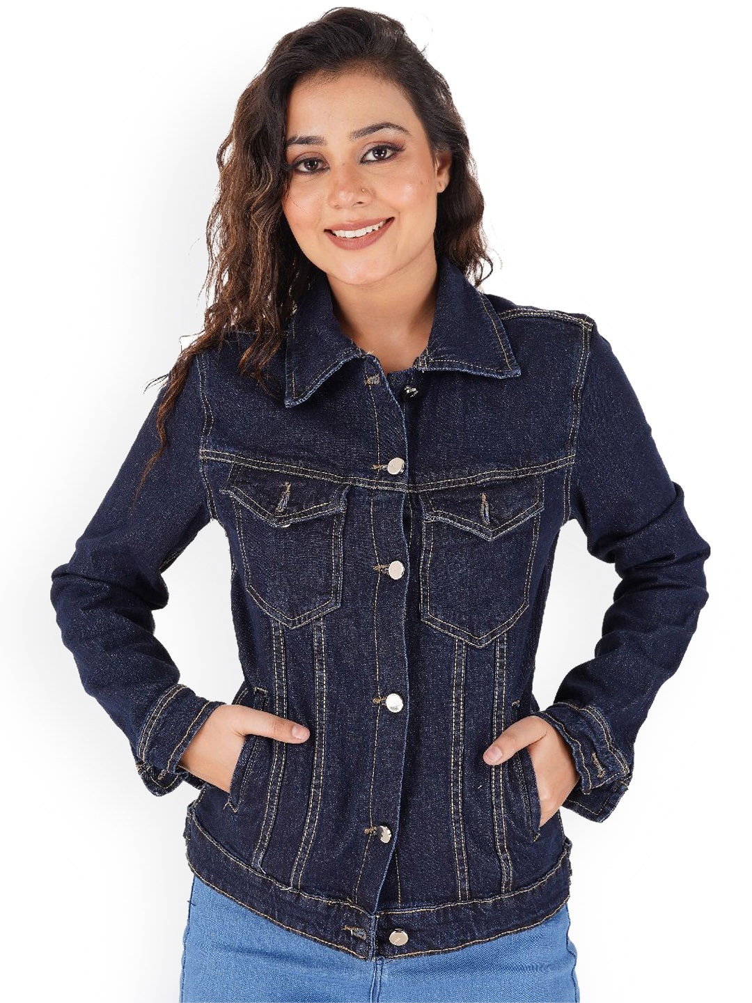 

FILLY Women Washed Cotton Denim Jacket, Navy blue