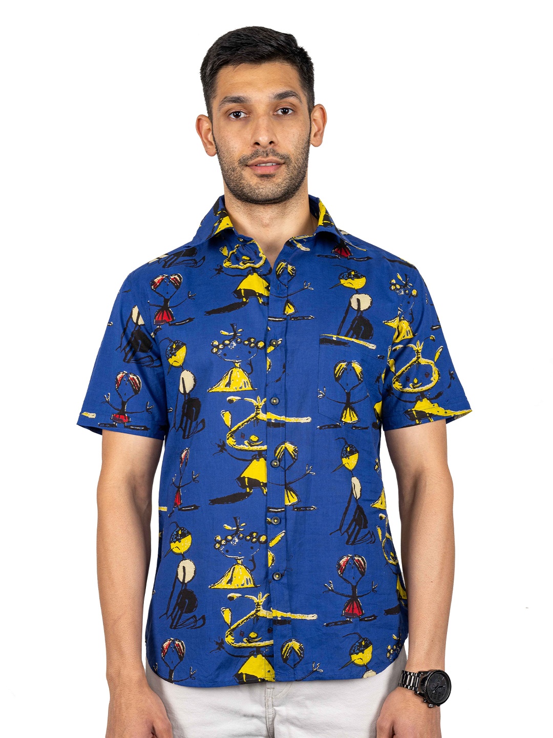 

OnlyMenGrooming Men Modern Spread Collar Abstract Printed Cotton Casual Shirt, Navy blue