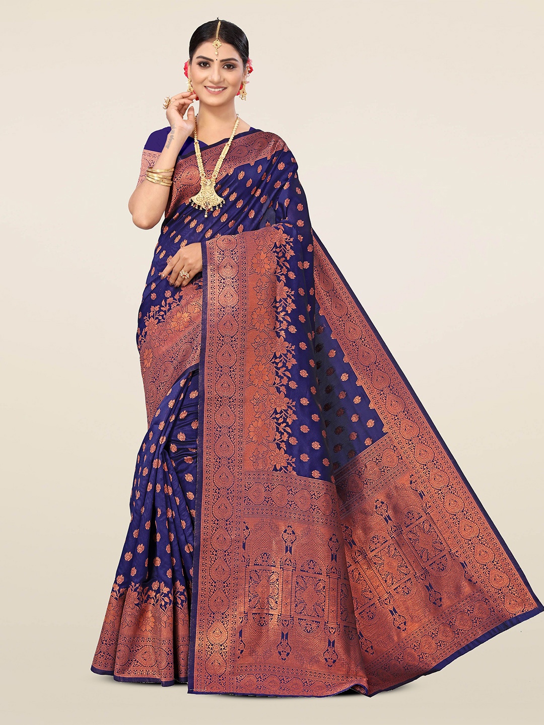 

Maroosh Ethnic Motifs Zari Woven Design Banarasi Saree, Navy blue