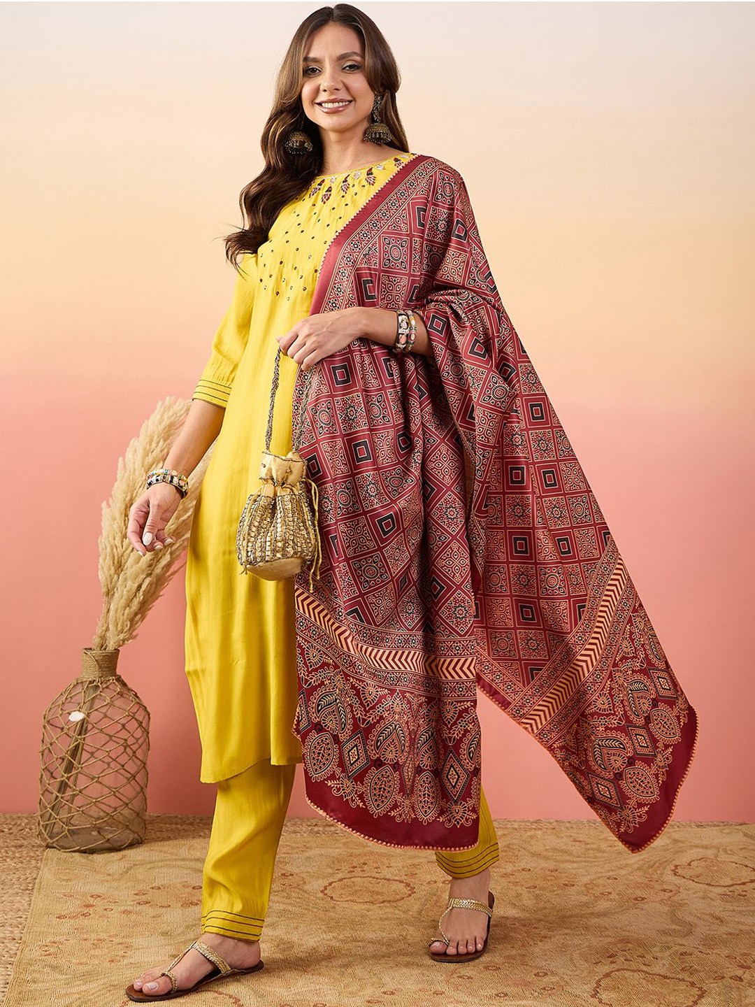 

Krimmple Women Ombre Yoke Design Thread Work Pure Silk Kurti with Pyjamas & With Dupatta, Yellow