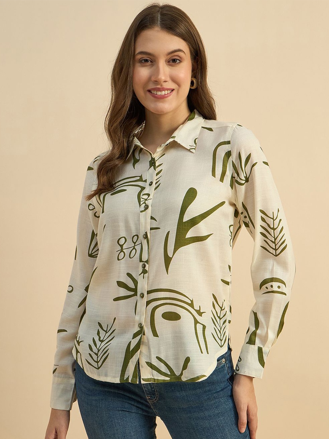 

Azira Women Standard Spread Collar Floral Printed Casual Shirt, Beige