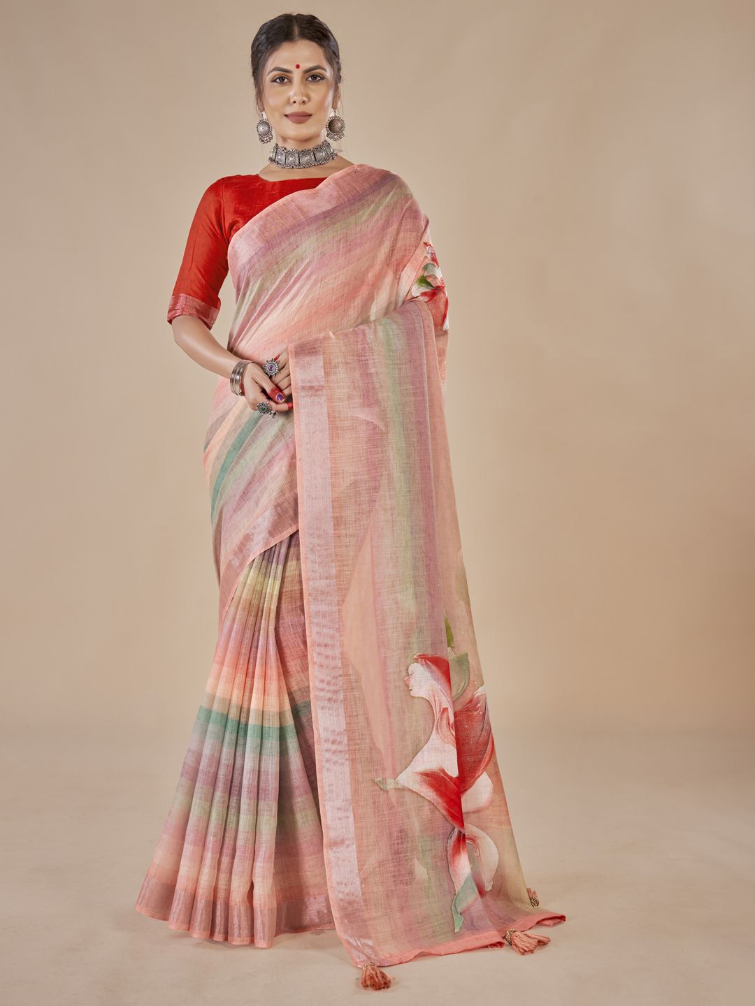 

STYLE SAMSARA Floral Zari Linen Blend Saree, Pink