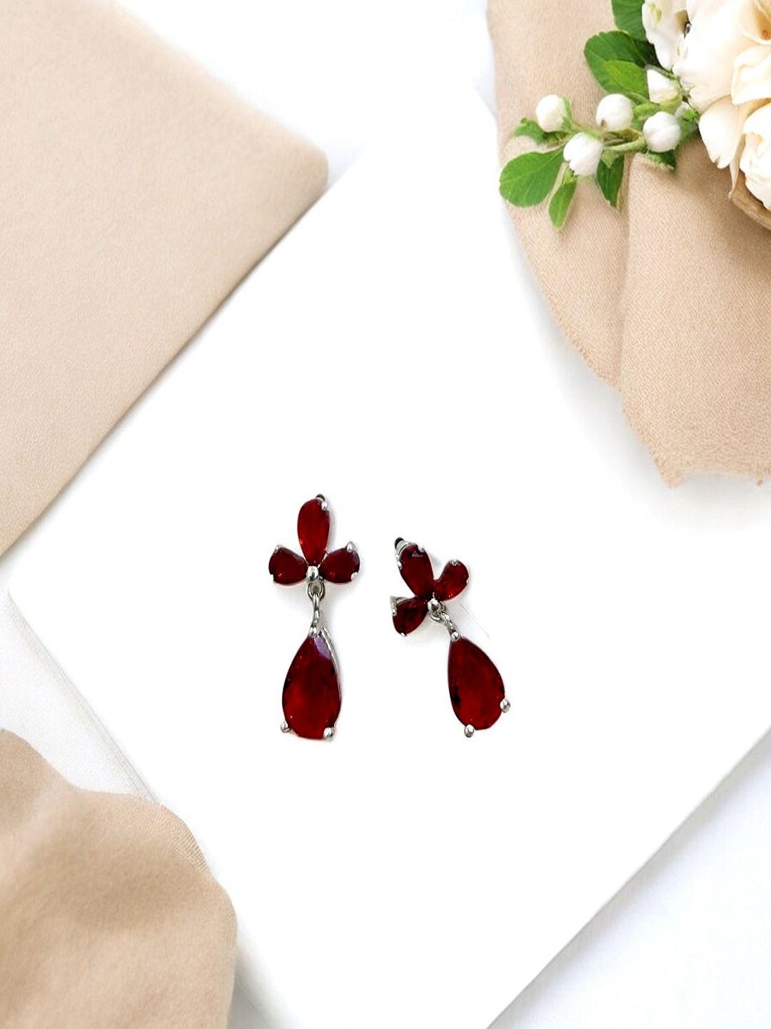 

AccessHer Stone Studded Contemporary Drop Earrings, Red