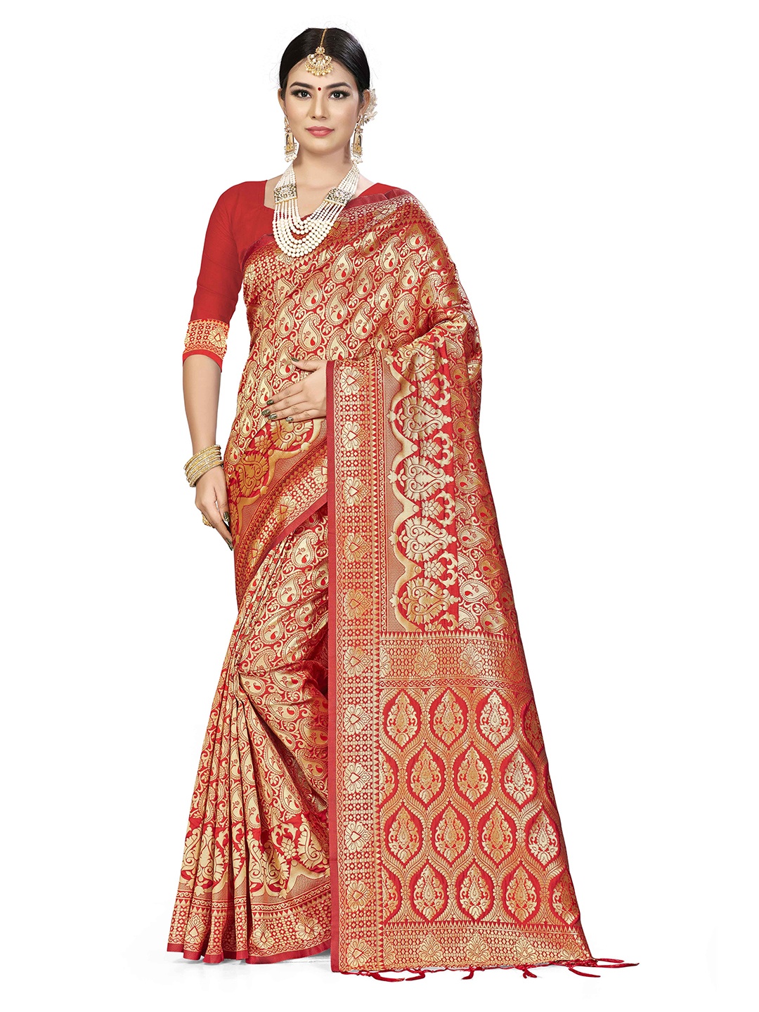 

Maroosh Floral Zari Silk Banarasi Saree, Red