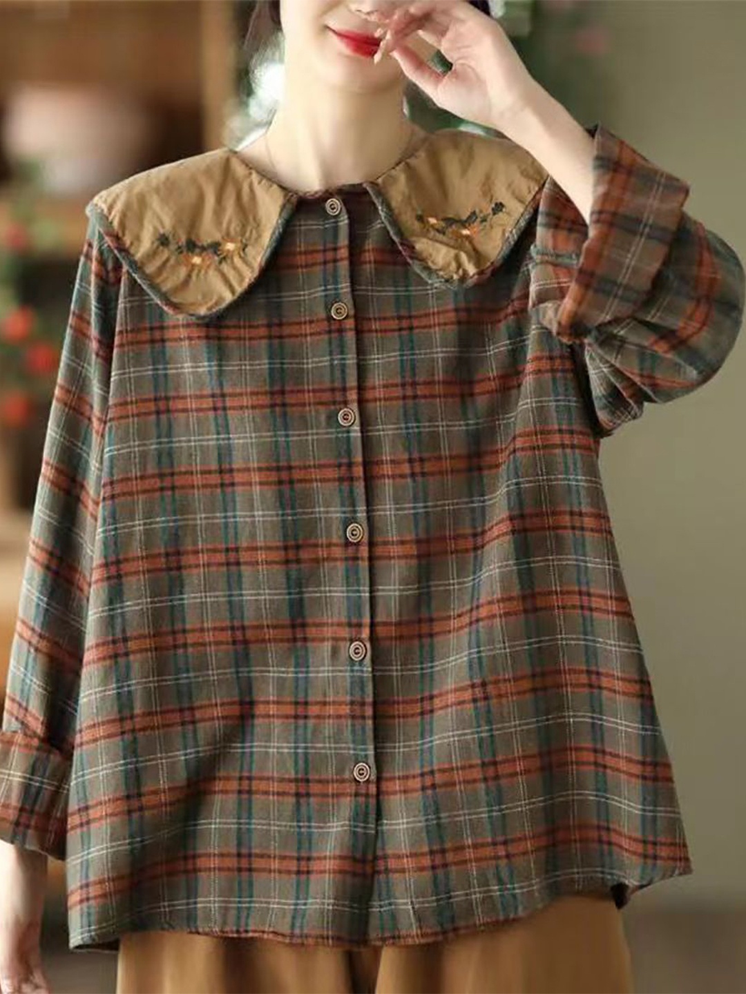 

StyleCast x Revolte Women Checked Peter Pan Collar Linen Top, Green
