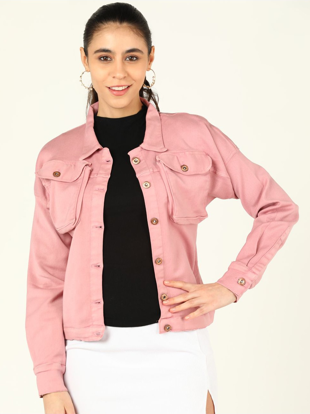 

DLOB Women Solid Spread Collar Denim Jacket, Pink
