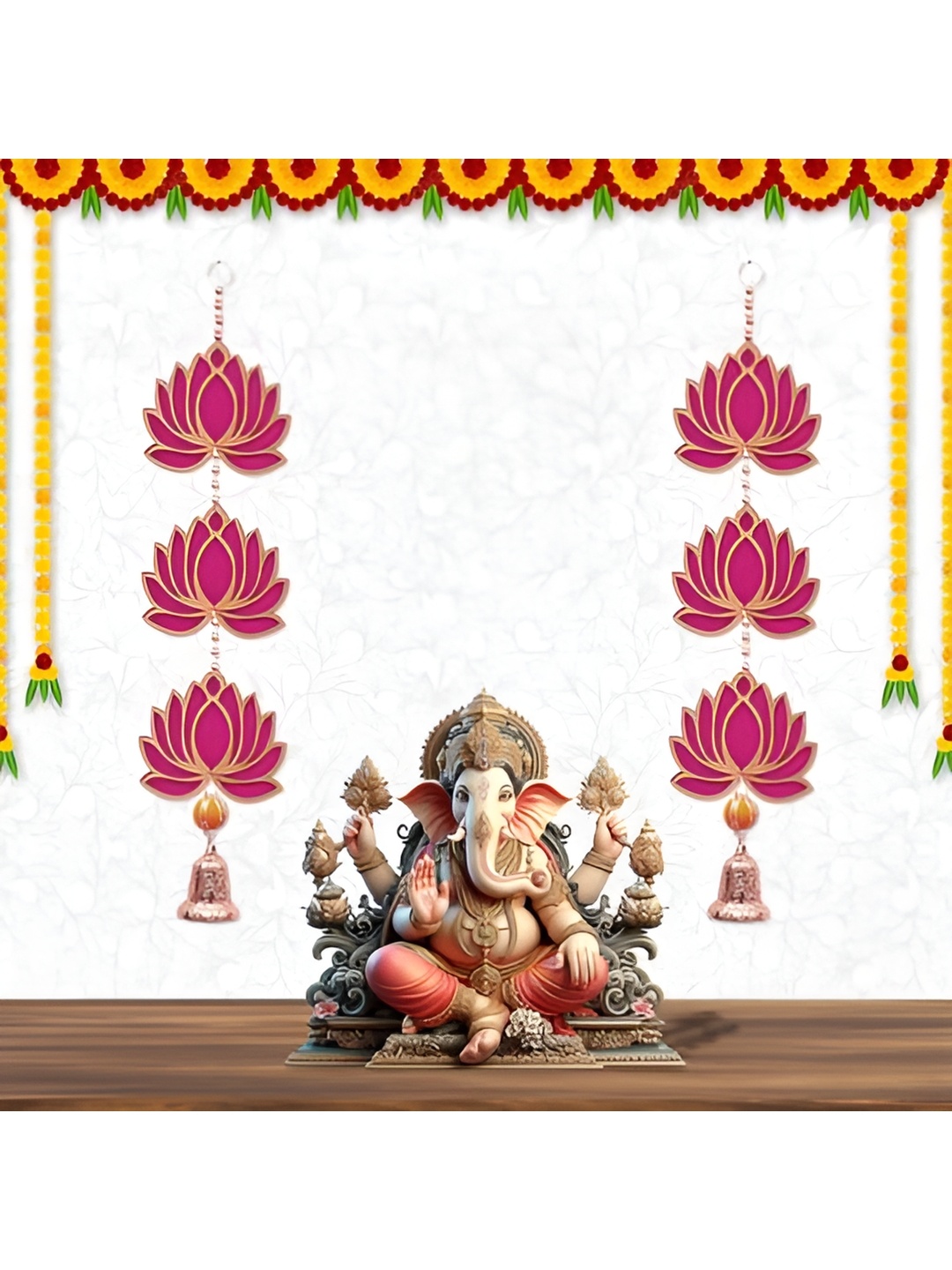 

Perpetual 2 Pieces Pink & Yellow Wooden Lotus Hanging Toran