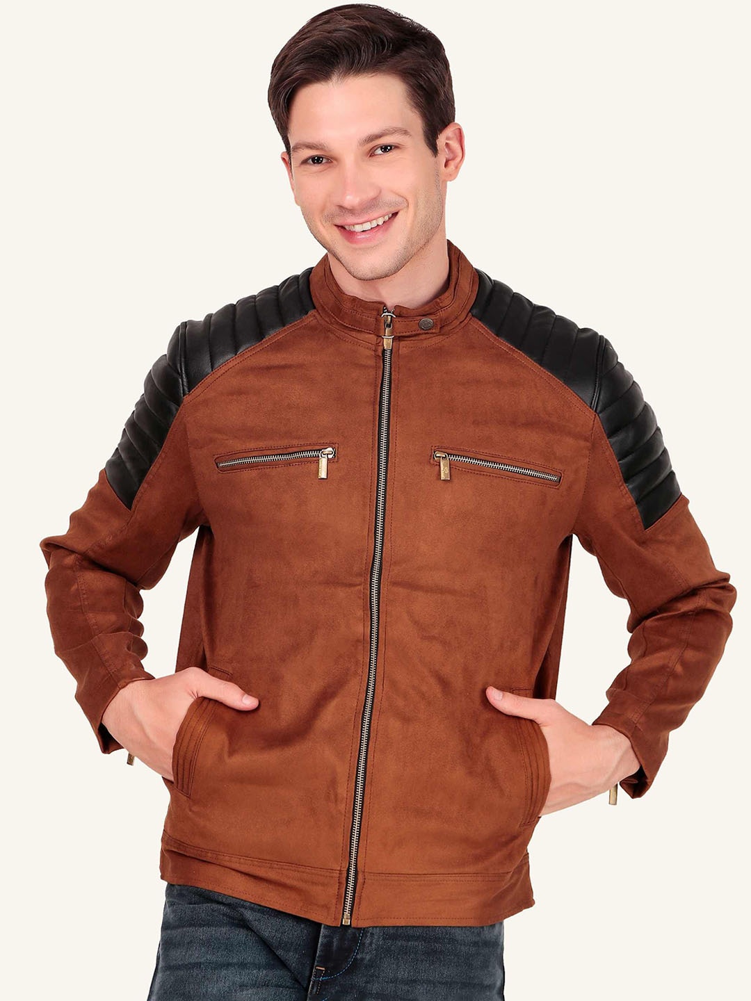 

Leather Retail Men Solid Suede Leather Biker Jacket, Brown