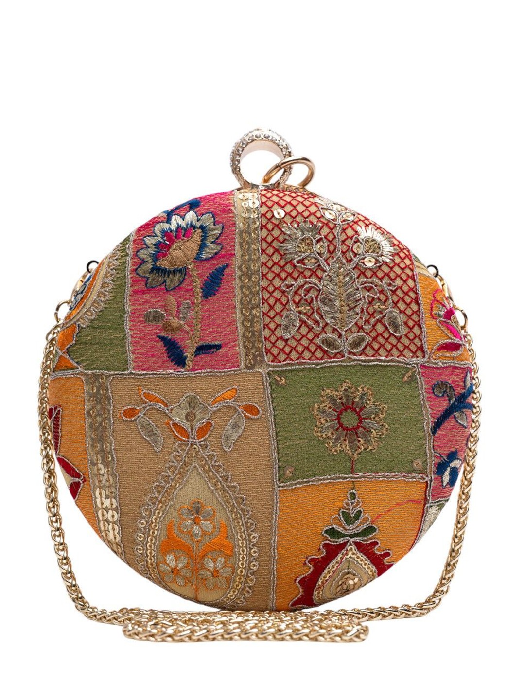 

Vdesi Ethnic Motifs Embroidered Round Clutch, Green