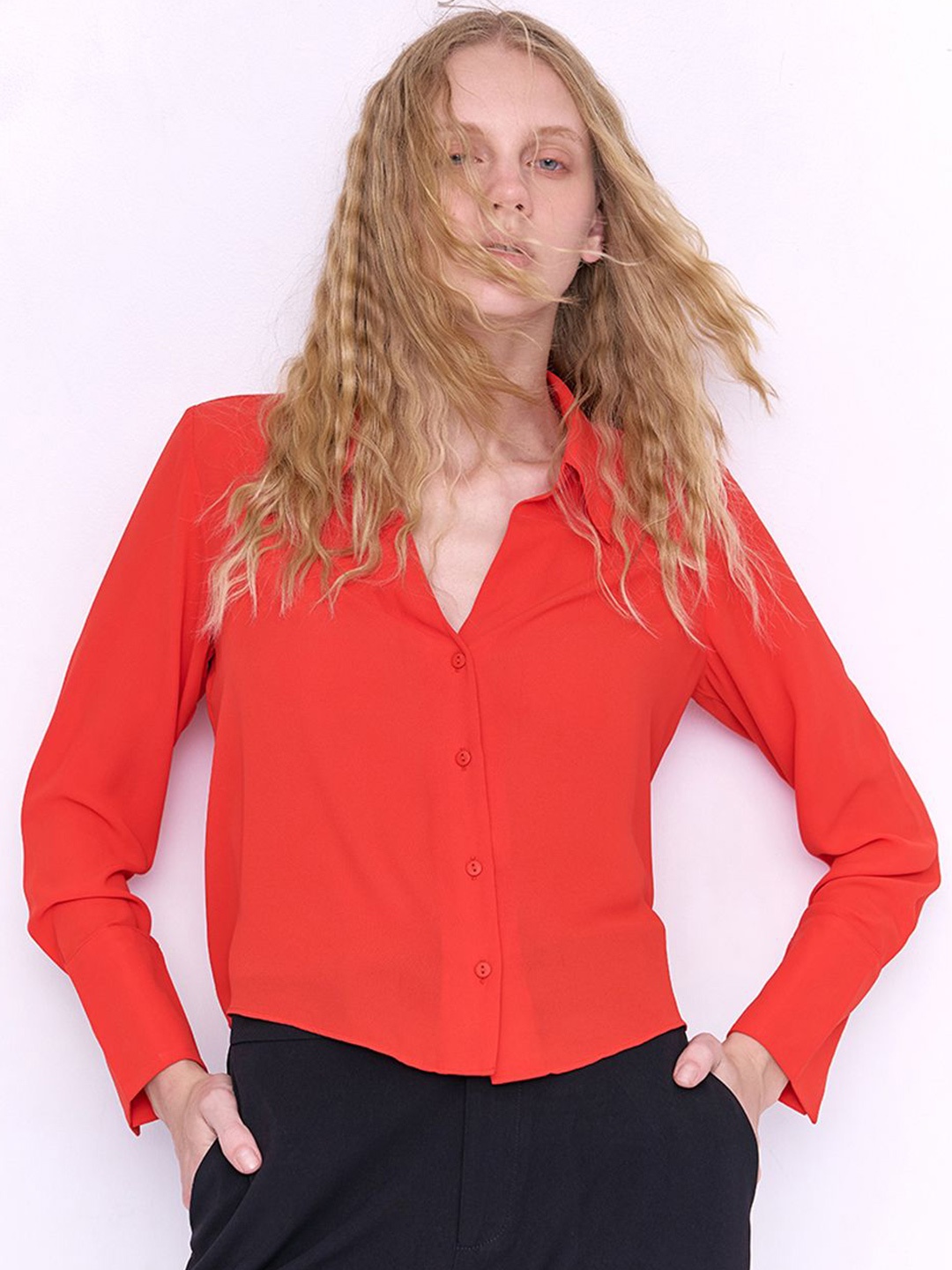 

COVER STORY Women Solid Spread Collar Casual Shirt, Red