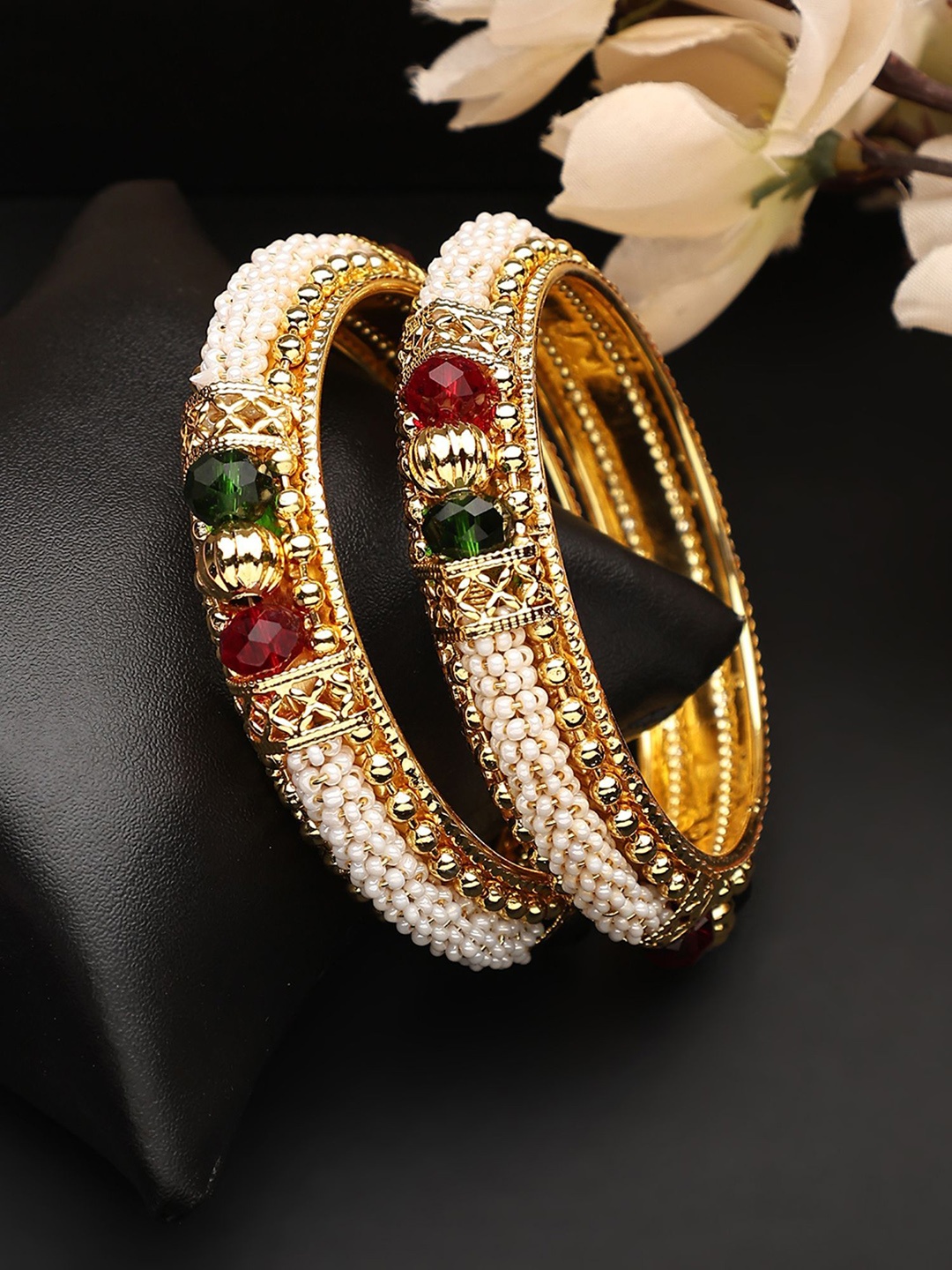 

ANIKAS CREATION Set Of 2 Gold-Plated Stone Studded & Pearls Beaded Bangles