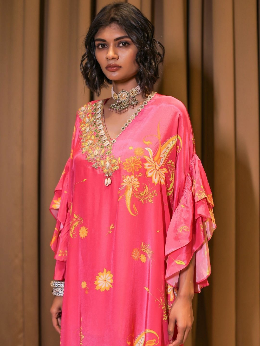 

Foram patel Pink Printed Embroidered Kaftan